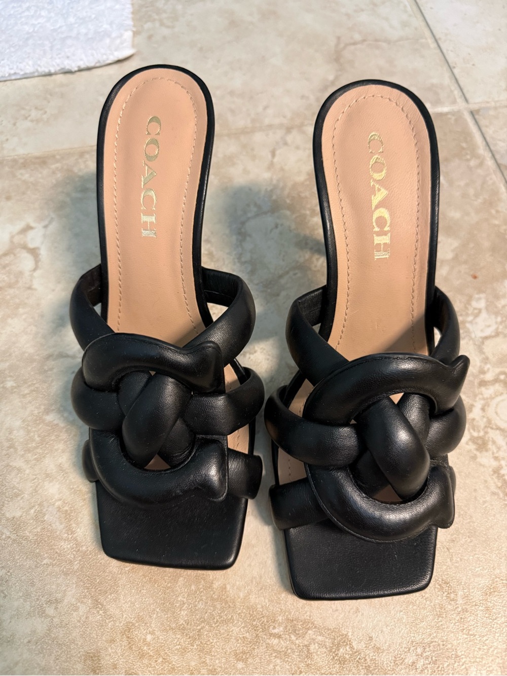 COACH Black Knotted Leather Mule Slides